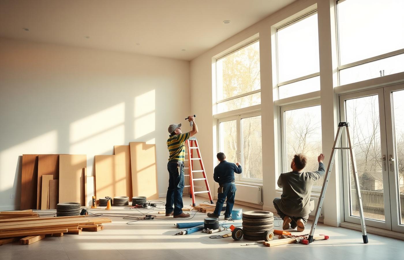 Vakmannen werken aan een lichte woningrenovatie met grote raampartijen